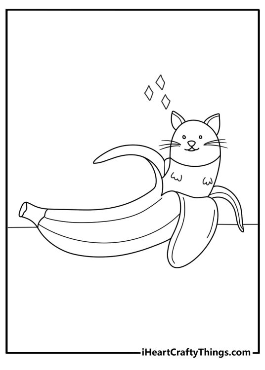 Banana cat coloring page with a cat curled inside a peel costume