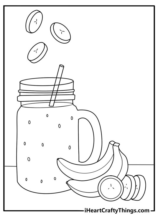 Banana coloring page free with a smoothie jar and sliced fruit on a table