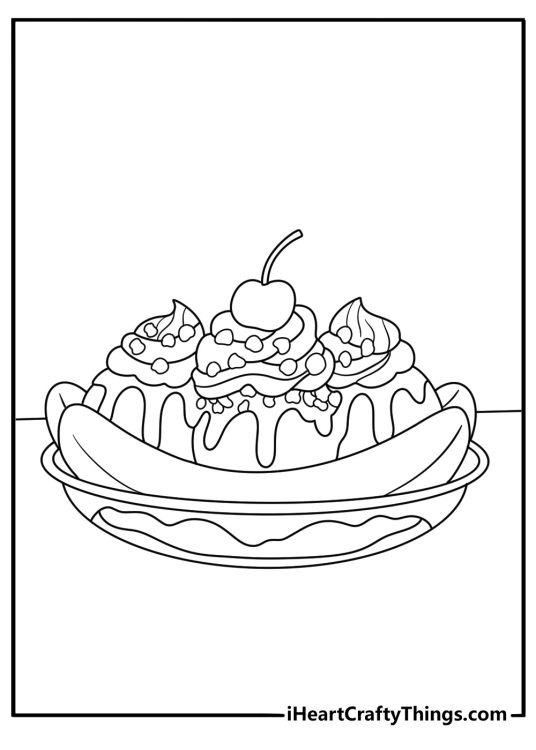 Banana coloring page pdf with a banana split topped with ice cream