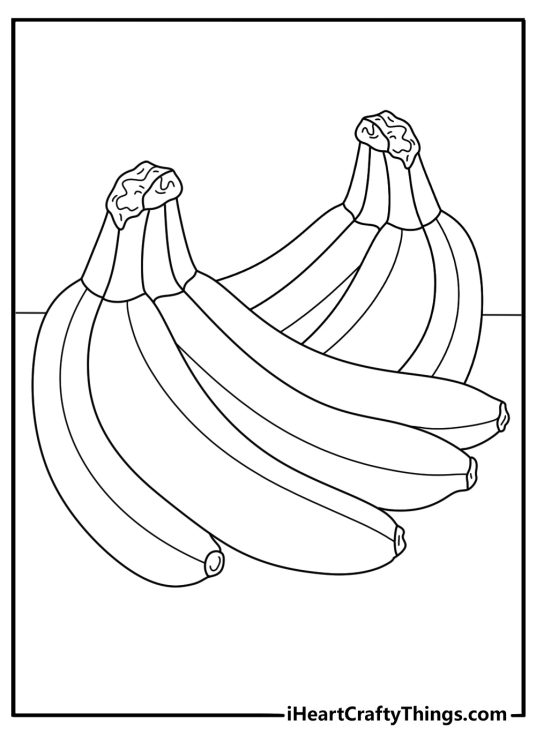 Banana coloring page with a grocery shelf stacked with bunches of ripe fruit