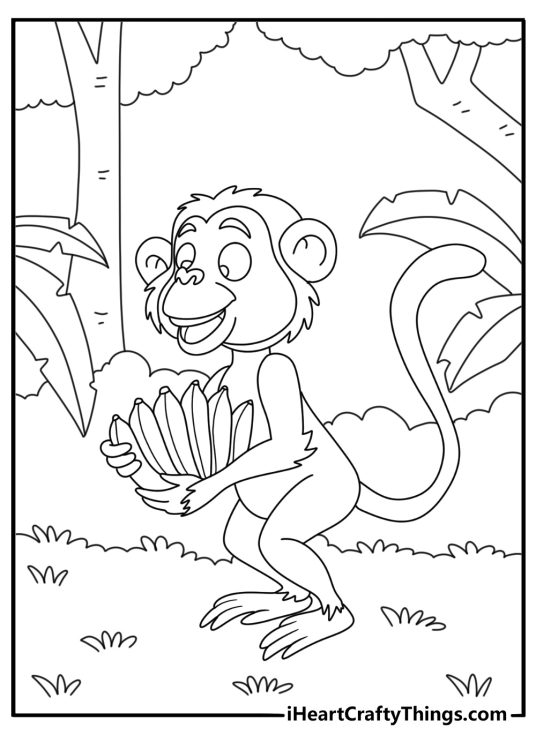 Banana coloring page with a monkey carrying fruit through the jungle