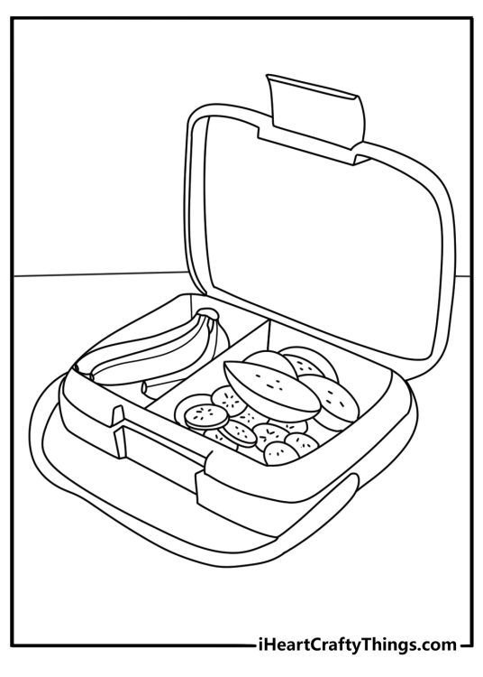 Banana coloring page with a peeled fruit beside a lunch box