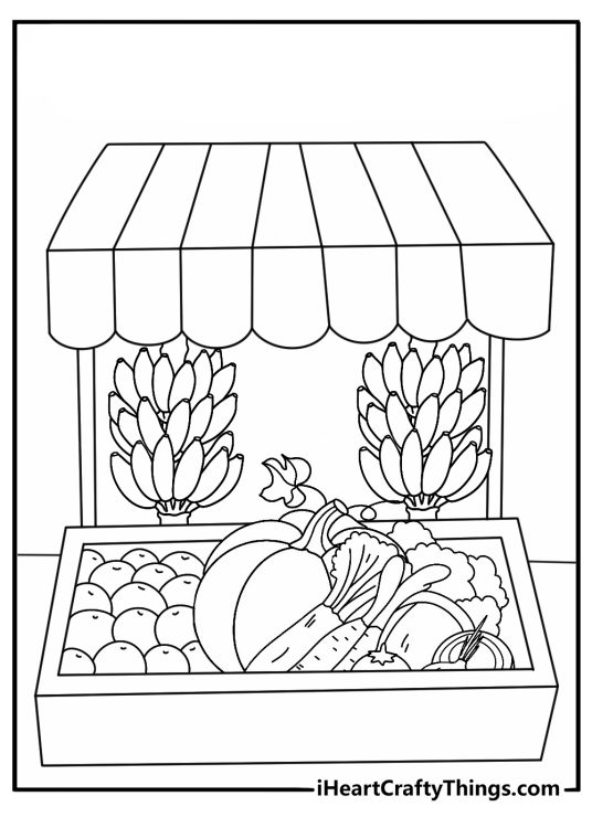 Banana coloring pages for kids with a fruit stand full of fresh bananas