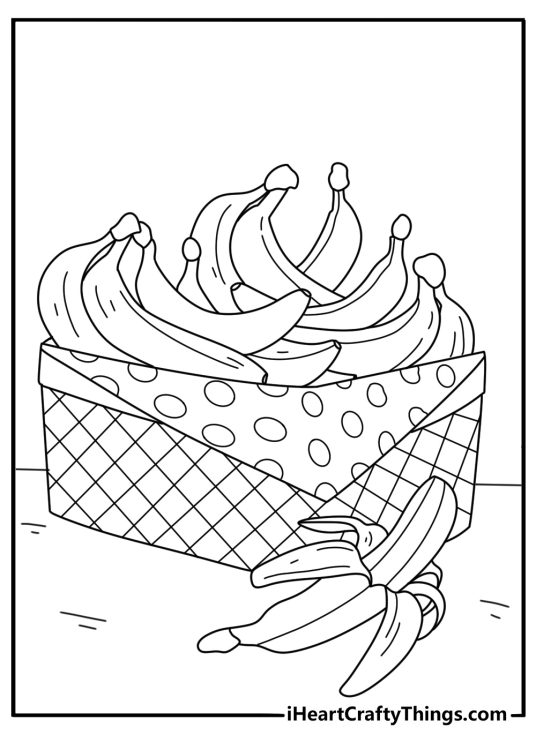 Banana coloring pages for preschoolers with a banana in a picnic basket