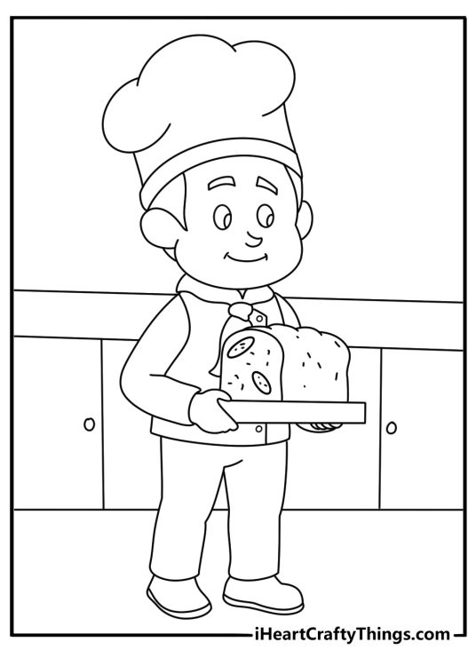 Banana coloring sheet with a chef making banana bread in a kitchen