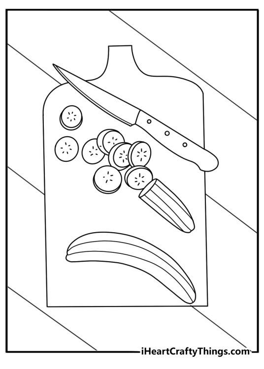 Banana fruit coloring pages with whole fruit and round slices on a cutting board