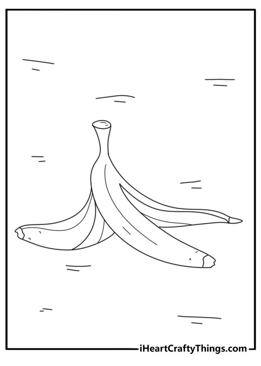 Banana peel coloring page with an open peel lying on the ground