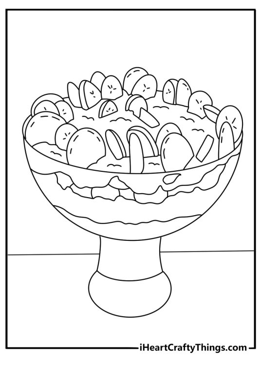 Banana pudding coloring page with dessert in a bowl and wafer cookies