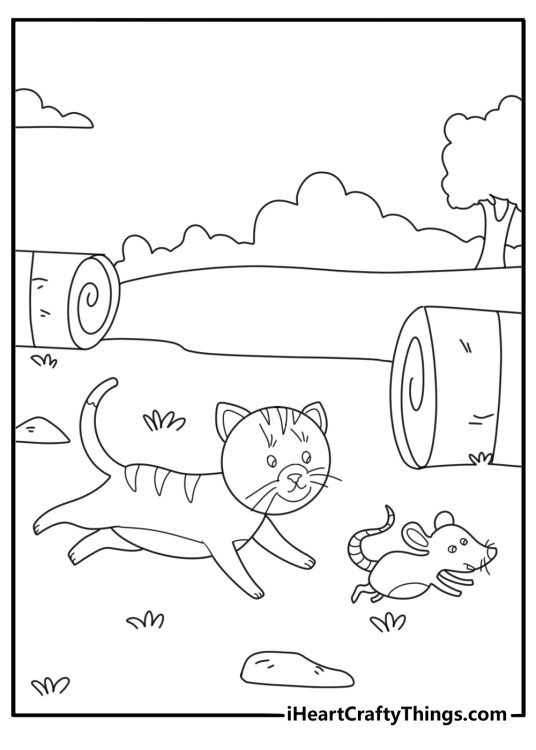 Barn cat stalking a mouse near hay bales coloring page for kids