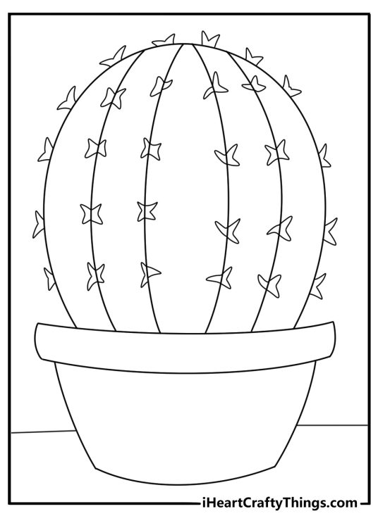Barrel cactus with round shape and long spines outline cactus coloring page pdf