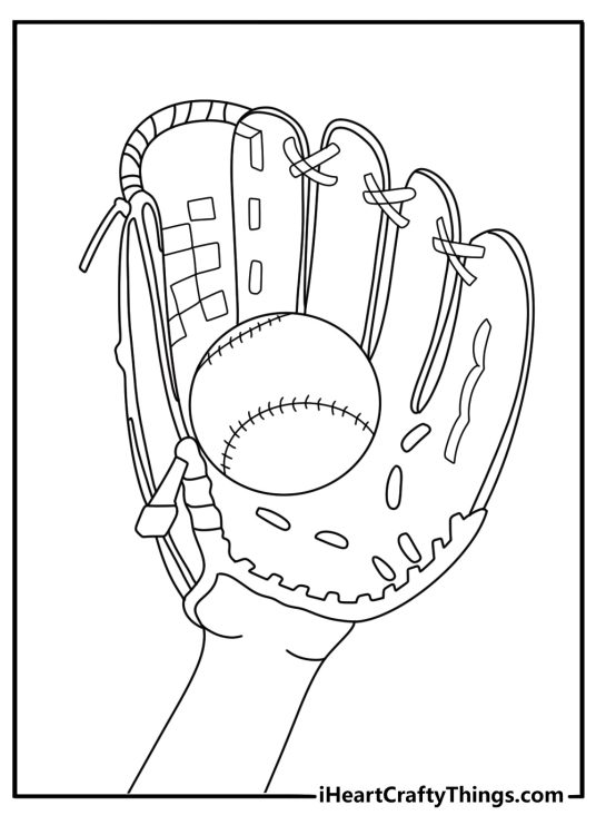 Baseball glove catching fast ball close view sports coloring sheet