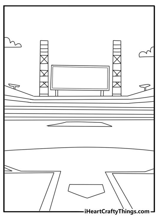 Baseball stadium with grandstand lights and scoreboard detailed coloring sheet