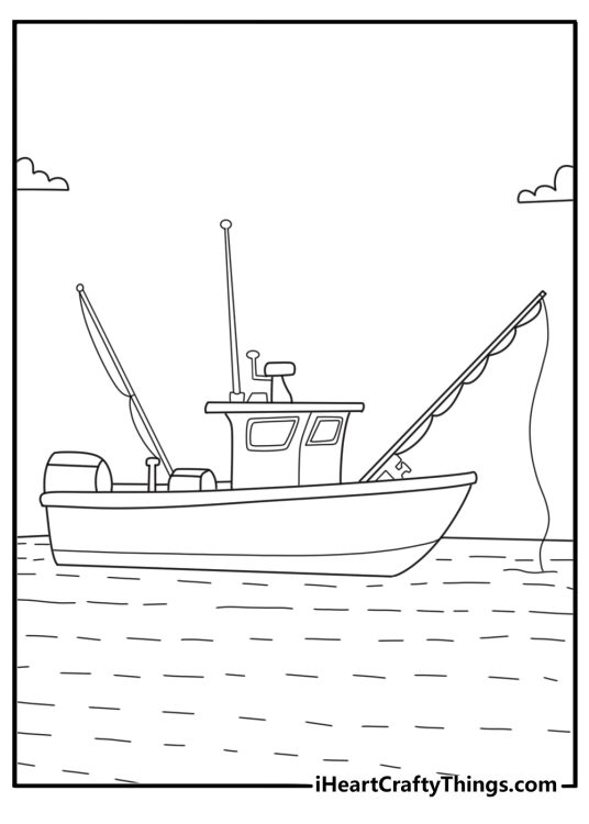 Bass boat coloring page with fishing rods and small motor at back