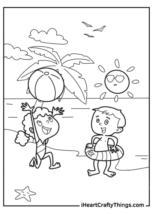 Beach Coloring Page Of Children Playing With Ball For Kids