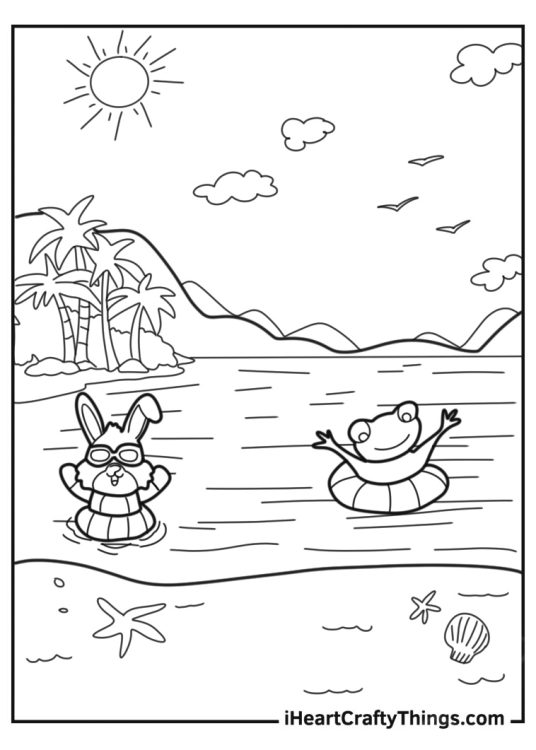 Beach Coloring Page Of Rabbit And Frog Swimming On The Beach For Kids