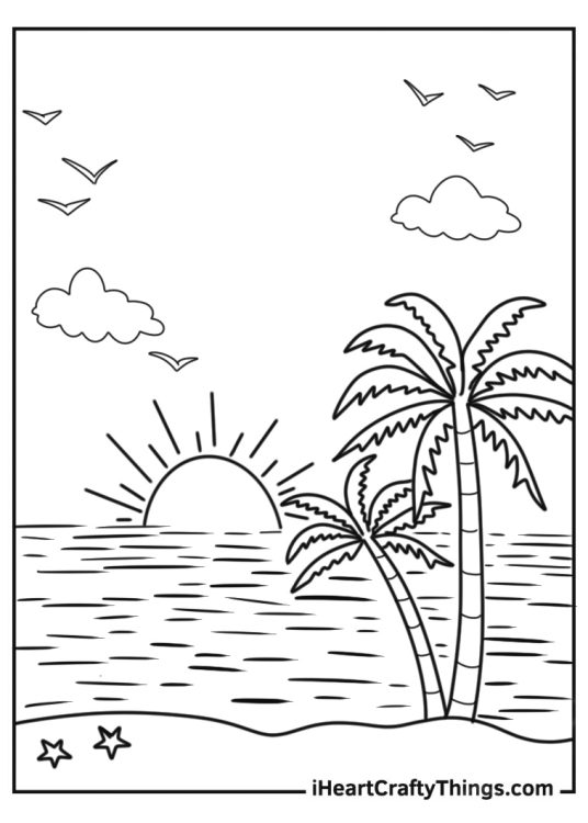 Beach Coloring Page Shoreline With Palm Trees