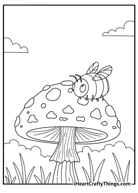 Bee coloring page outline of a bumblebee resting on a mushroom