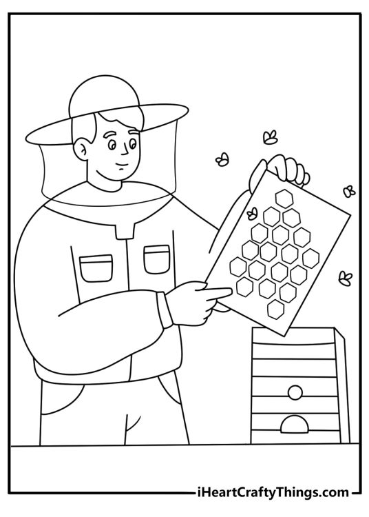 Bee coloring pages for kids with a beekeeper checking frames near a hive box