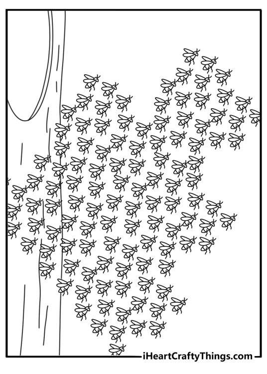 Bee coloring pages pdf scene with a swarm leaving a tree hollow