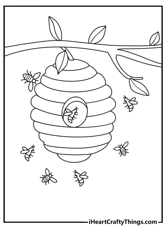 Bee hive coloring page printable with bees flying around a hanging hive
