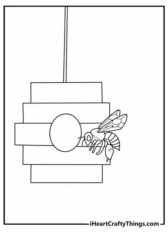 Bee hive coloring sheet showing worker bees bringing nectar to the nest