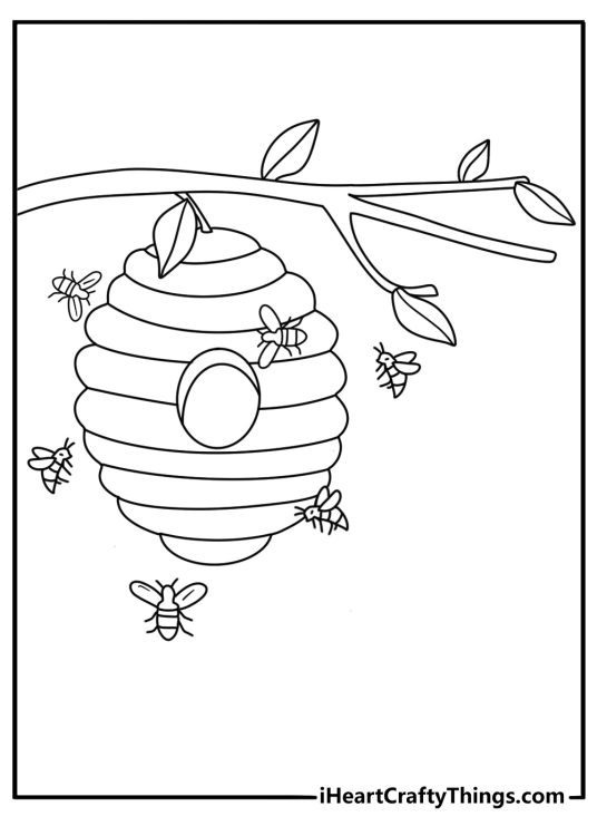 Bee hives with bees over clover field farm animal themed coloring sheet