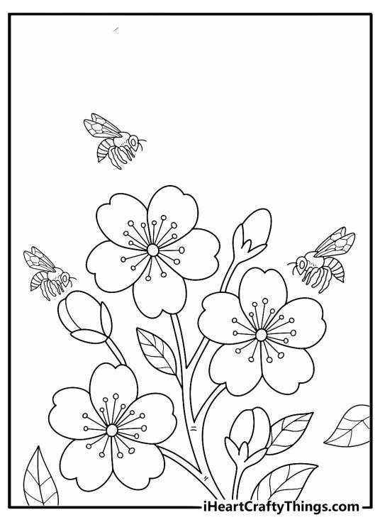 Bee pollination coloring pages image with a bee moving between wildflowers