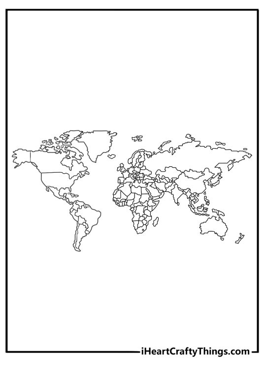 Blank world map coloring sheet without country names for quiz practice