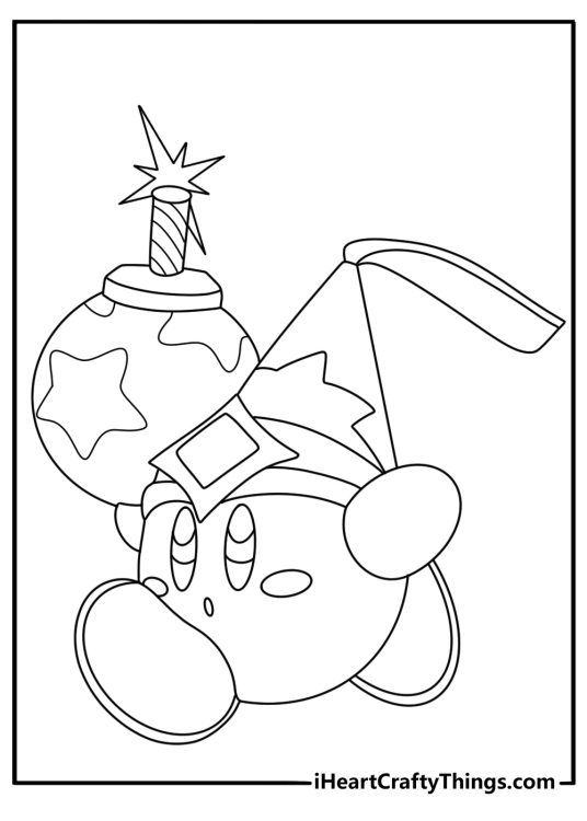 Bomb Kirby appears beside a fuse and round bomb in this easy printable