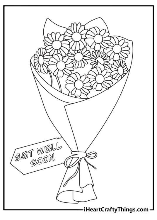 Bouquet of daisies with feel better message printable coloring card