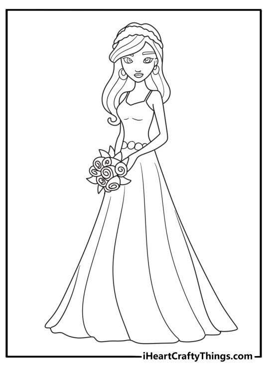 Bride doll in wedding dress elegant coloring page for adults