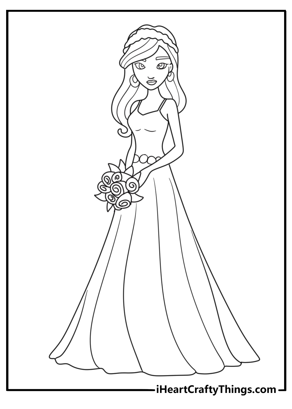 Bride doll in wedding dress elegant coloring page for adults