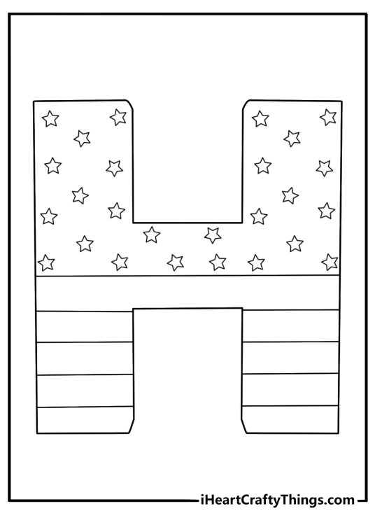 Bubble letter H coloring page with stars and stripes inside the letter