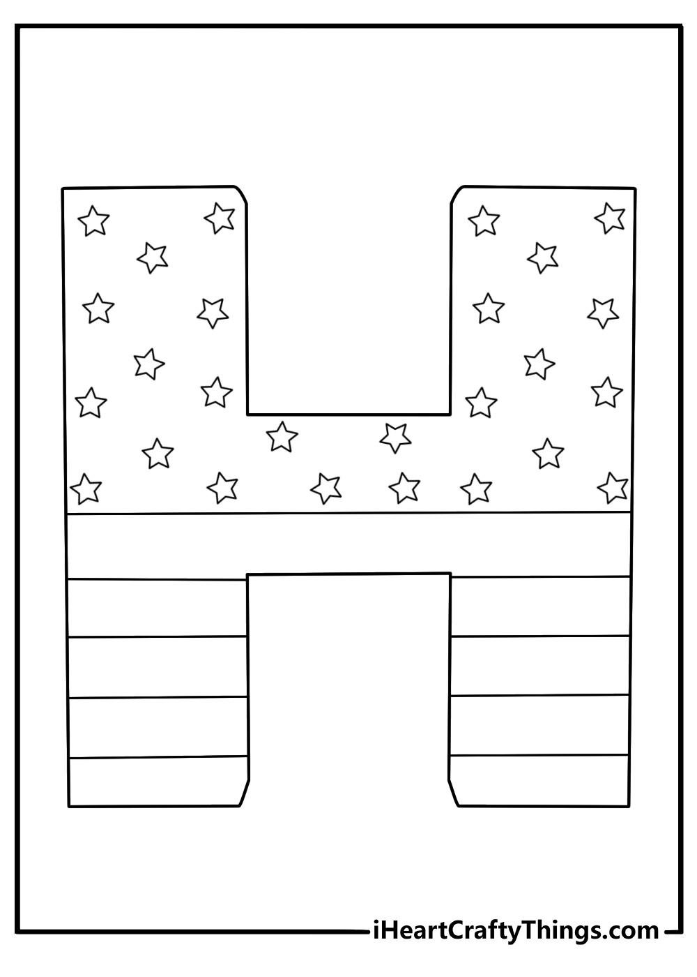 Bubble letter H coloring page with stars and stripes inside the letter