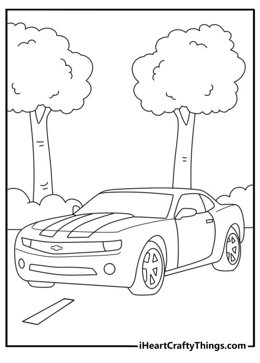Bumblebee car camaro parked near road with trees printable coloring sheet