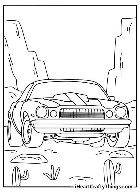 Bumblebee driving through desert road with rocks bumblebee car coloring page