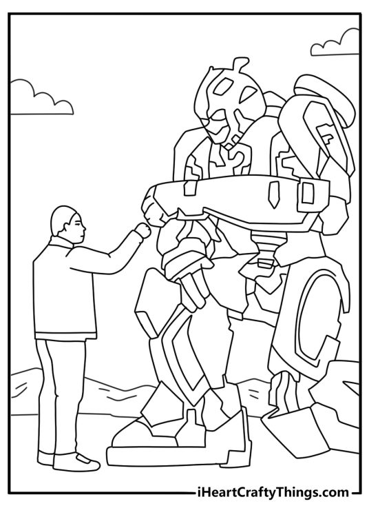 Bumblebee robot kneeling beside small human friend printable coloring sheet