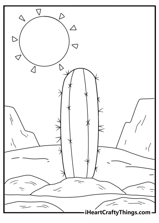 Cactus and sun overhead simple cactus coloring page