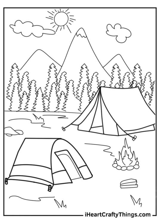 Camping Tent With Bonfire And Mountain View