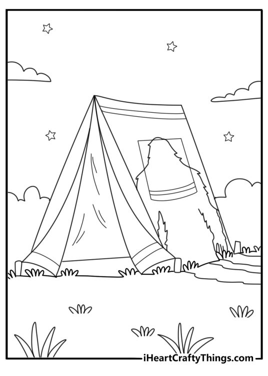 Camping tent scene printable coloring page with a massive shadow of Bigfoot on the fabric