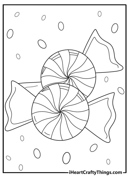 Candy coloring page with striped peppermint candy in a round wrapper