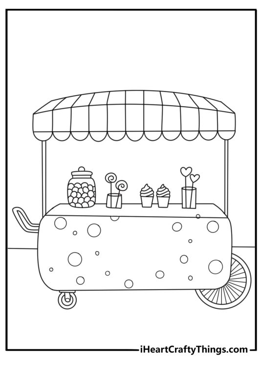 Candy themed dessert cart with trays of sweets coloring sheet