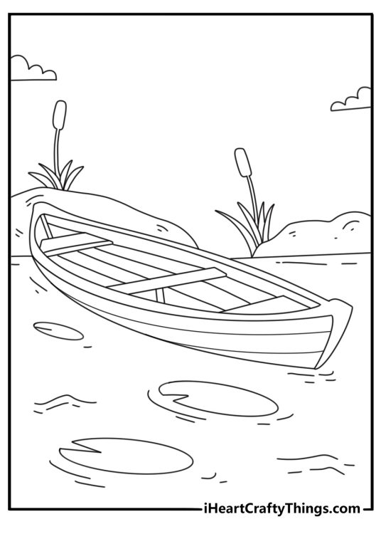 Canoe near reeds and lily pads nature themed coloring sheet