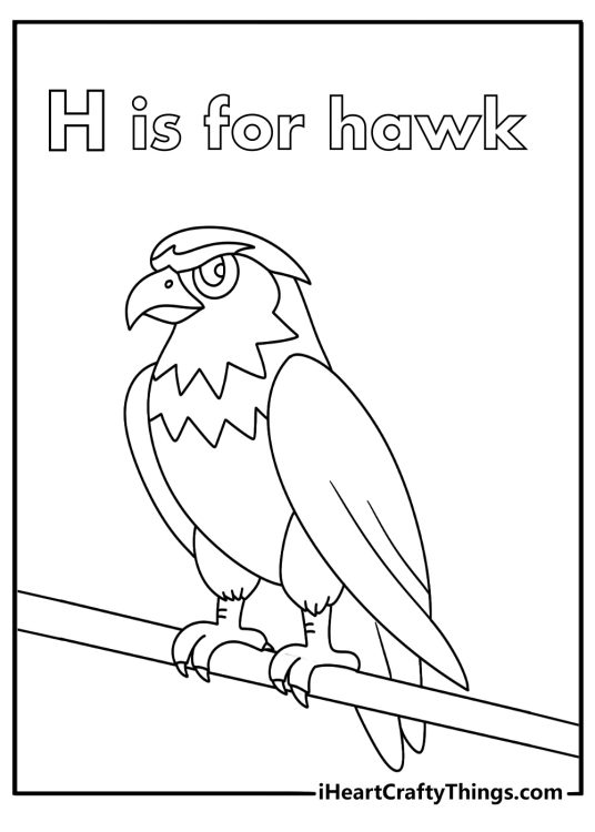 Capital letter H coloring pages with a hawk perched on a branch