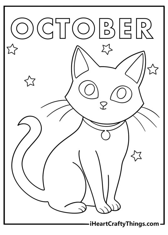 Cartoon October coloring sheet with friendly black cat and stars