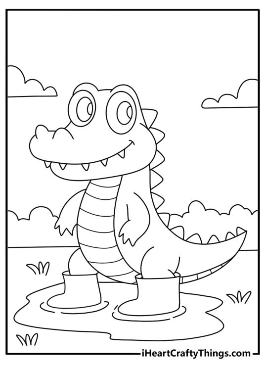 Cartoon alligator coloring pages with a little gator wearing rain boots in a puddle