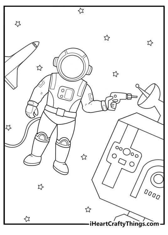 Cartoon astronaut repairing spaceship hull during spacewalk fun coloring page