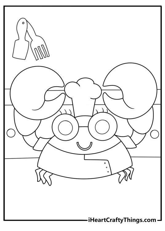 Cartoon chef crab wearing tall hat in kitchen fun coloring sheet