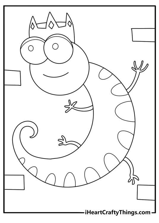 Cartoon kawaii lizard wearing tiny crown fun coloring printable