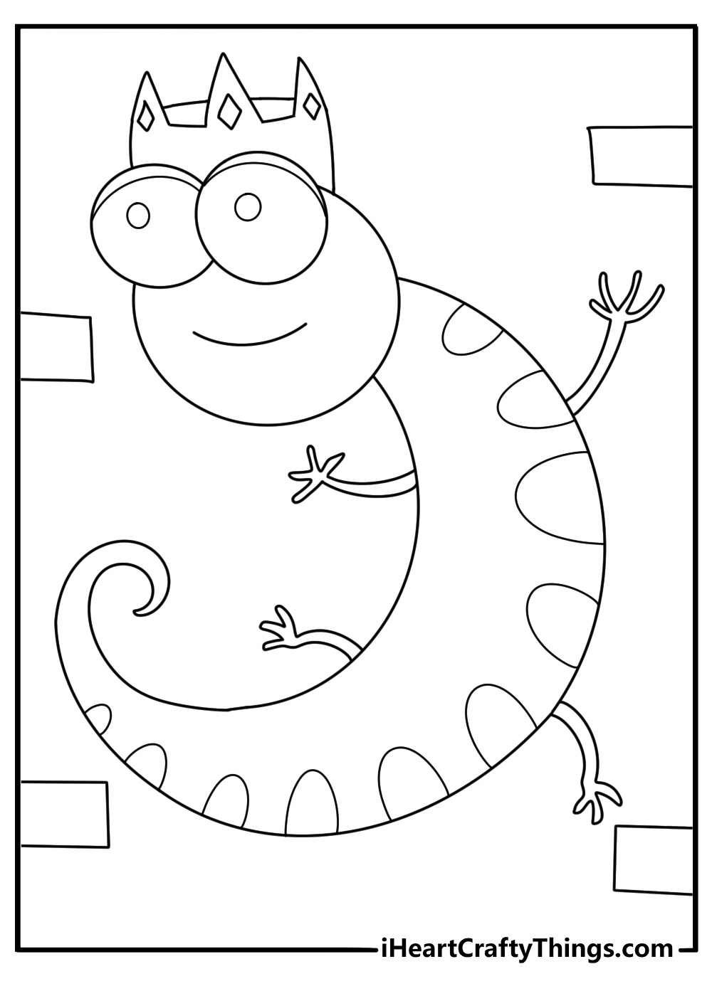 Cartoon kawaii lizard wearing tiny crown fun coloring printable